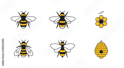 Set of bee icons, honeycomb and beehive illustration
