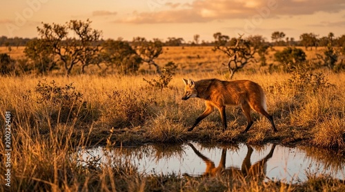 Maned wolf walking through Cerrado grassland Brazil tall reddish coat striking against golden grass reflection in water surface warm afternoon sidelight late afternoon warm orange light on savanna