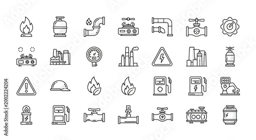 Energy and gas industry linear icons set oil, fuel, and power symbols