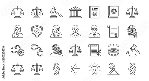 Set of law and justice icons, thin line style, vector illustration