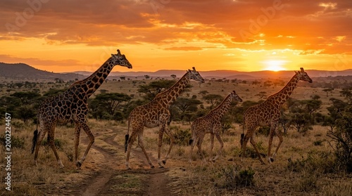 Reticulated giraffe tower of four walking in line at sunset Lewa Conservancy Kenya sky orange group or herd wide environmental OM System OM-1 Mark II PRO crisp midday
