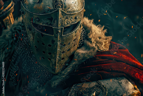 Warrior in armor stands ready for battle with fire and smoke around