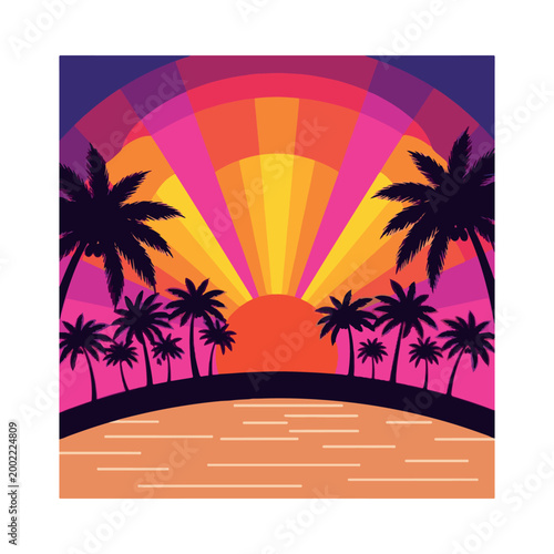 Retro Tropical Sunset Island with Palm Trees and Ocean Waves