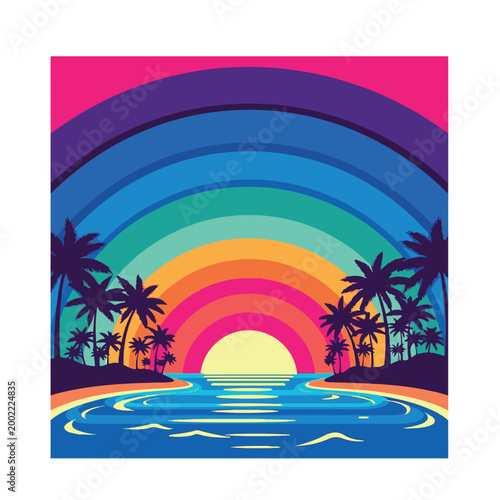 Retro Tropical Sunset Island with Palm Trees and Ocean Waves