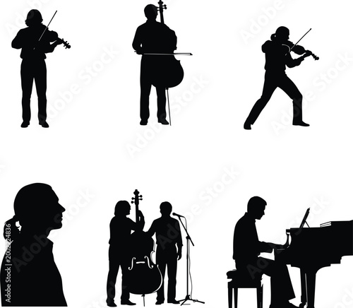 Musician silhouettes collection with violin cello piano performers isolated on gray background classical music concert set