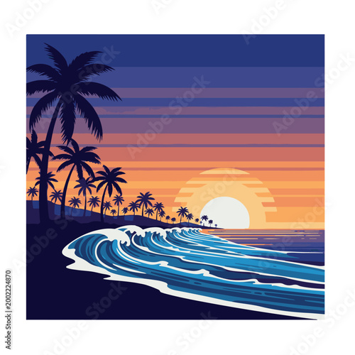 Retro Tropical Sunset Island with Palm Trees and Ocean Waves
