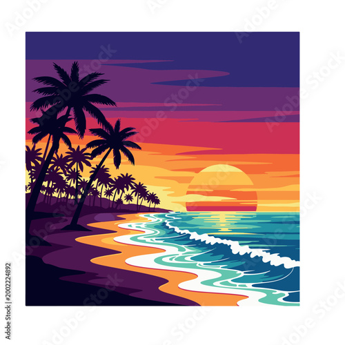 Retro Tropical Sunset Island with Palm Trees and Ocean Waves