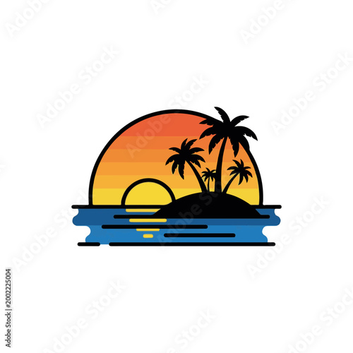 Retro Tropical Sunset Island with Palm Trees and Ocean Waves