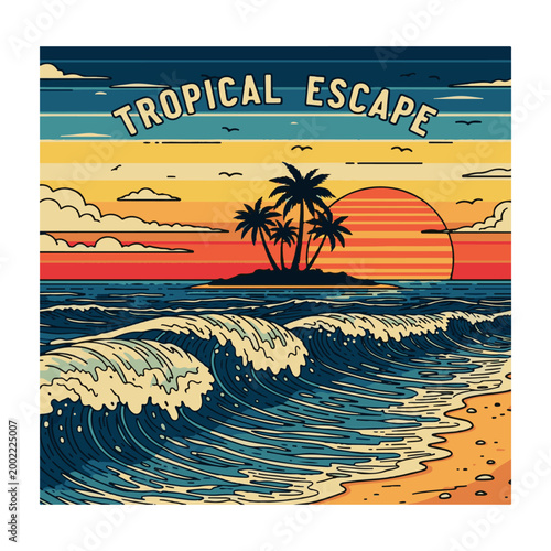 Retro Tropical Sunset Island with Palm Trees and Ocean Waves