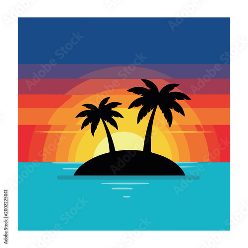 Retro Tropical Sunset Island with Palm Trees and Ocean Waves
