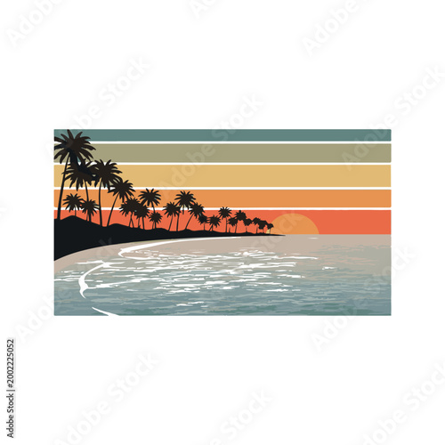 Retro Tropical Sunset Island with Palm Trees and Ocean Waves