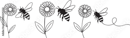 Continuous one line drawing of flaying bee. Simple illustration of honey bee line art vector illustration.