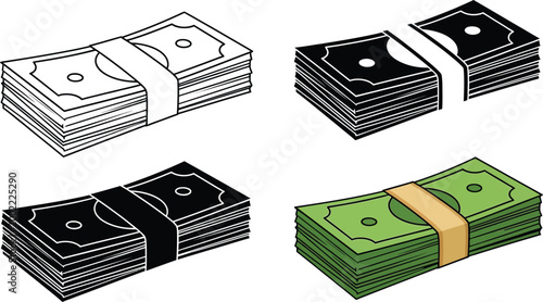 Stacks of money illustration black and white and color versions