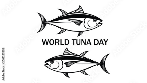 Black and white illustration of two tuna fish with bold “World Tuna Day” text promoting sustainable fishing, marine ecology, and ocean conservation