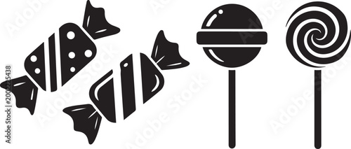 Three black silhouette of sweets: two wrapped candies and two lollipops with swirl and round