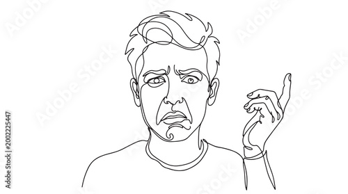 Continuous line art drawing of a man expressing deep disgust and strong disapproval with a gestural hand, conveying an intense negative reaction or aversion