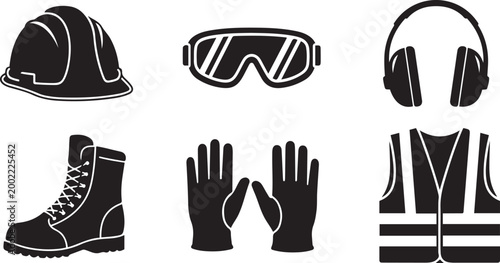 Set of black silhouette for personal protective equipment (ppe) in construction and industrial settings