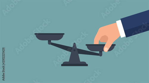 Tableau sur toile Business hand pressing down on a balance scale, symbolizing influence and imbala