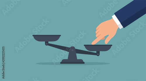 Billede på lærred Hand pressing down on one side of a balance scale, creating imbalance