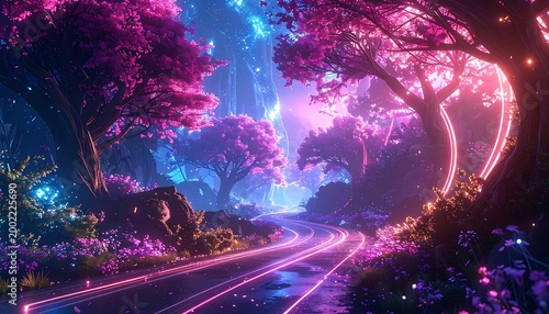 Neon enchanted forest road