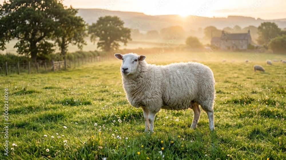 Fototapeta premium Cute white sheep standing in a green grassy field with trees and a rural landscape at sunrise