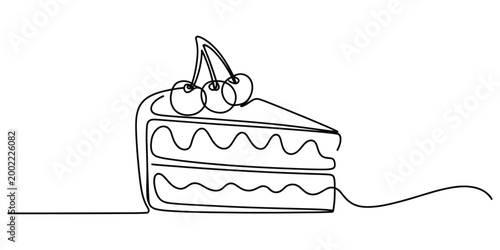 Single continuous line drawing of a cake slice with cherries