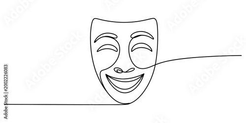 Continuous single line drawing of a happy theater mask