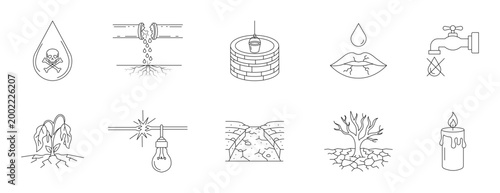 Global water crisis and drought thin line icon set. Editable stroke. Vector illustration.	