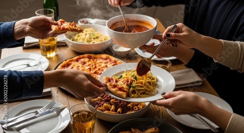 People serving pasta and pizza at a dining table with various dishes