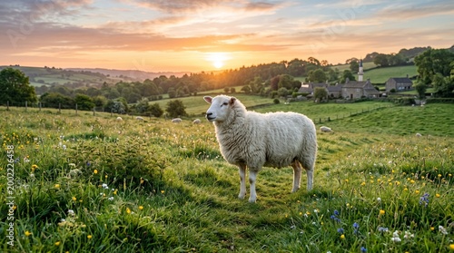 Cute white sheep standing in a green meadow with wildflowers at sunset in countryside landscape