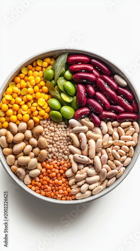 Colorful assortment of various legumes and beans including chickpeas lentils kidney beans mung beans soybeans and black eyed peas in a round bowl on white background