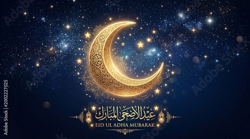 Golden crescent moon with Arabic calligraphy on starry night sky, Ramadan Kareem background