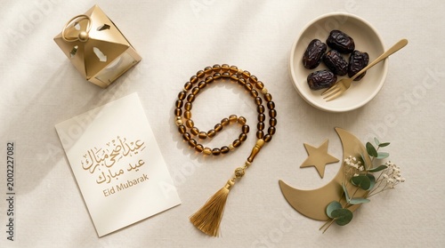 Eid ul Fitr celebration with dates, tasbih, gift and greeting card on white background