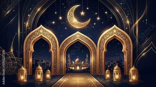 Eid al-Fitr celebration with crescent moon and stars, illuminated lanterns and mosque archways