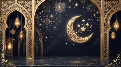 Eid al-Fitr celebration background with golden crescent moon and stars, ornate arches and lanterns.