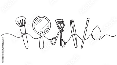 Continuous line art illustration of essential makeup tools, showcasing beauty accessories in a minimalist black and white design for cosmetic and fashion projects