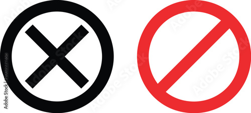 Prohibition symbol icon set, minimalist black and red oval icons showing incorrect answer and prohibition signs for alerts validation and interface design.