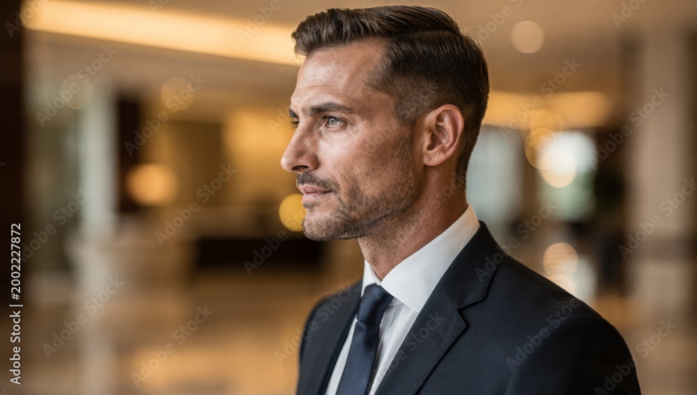 Fototapeta premium A well-dressed businessman stands in a contemporary office lobby, exuding confidence and professionalism as he looks to the side, his attire and demeanor suggesting a high level of success in his
