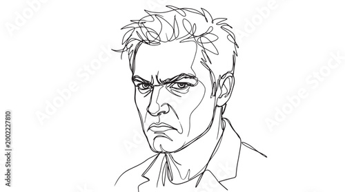 Close-up illustration of a stern-faced man's portrait, rendered in continuous line art style