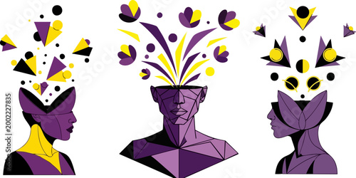 Abstract mental health vector set, human head with blooming flowers and geometric shapes, psychological growth and mindfulness concept illustrations