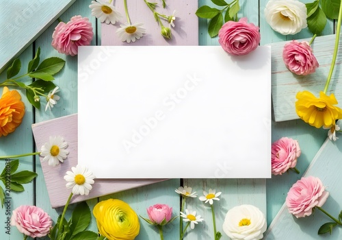 Colorful flowers and blank white card on wooden table
