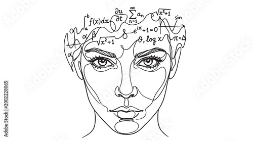Mathematical Brain of a Woman, Concept of Intelligence and Education, Abstract Line Art Illustration