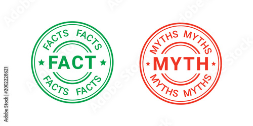 Fact Myth stamps. Truth or false sticker. Round seal imprints. Green red emblems isolated on white background. Infographic labels. Retro badges templates. Vector illustration.