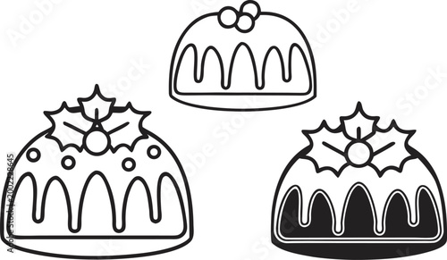 Three minimalist christmas cake with white and black icing and snowflakes