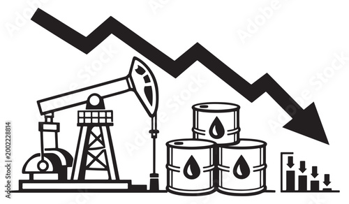 Oil price drop vector illustration, falling market trend with pump jack and crude oil barrels, global energy crisis and economic recession concept