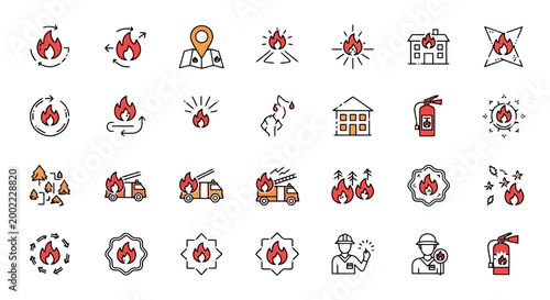 Fire safety icons and symbols collection.