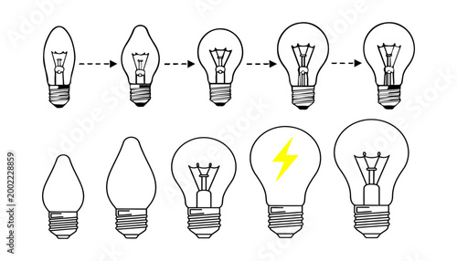 Light bulb evolution a silhouette illustration of filament and illumination stages