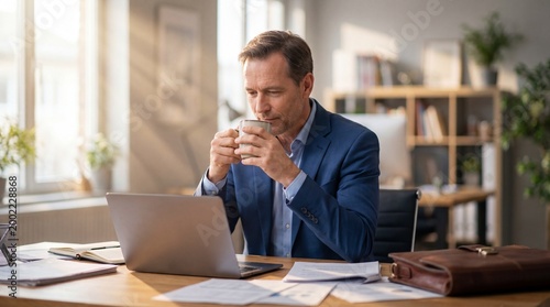 Businessman in blue suit drinking coffee while working on laptop at wooden desk in modern office