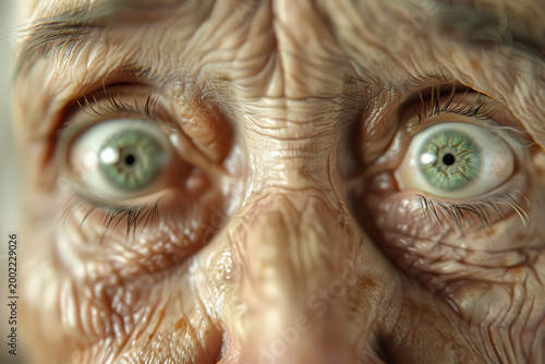 Close-up view of elderly person's face showing details of skin, eyes, and expressions during an indoor moment