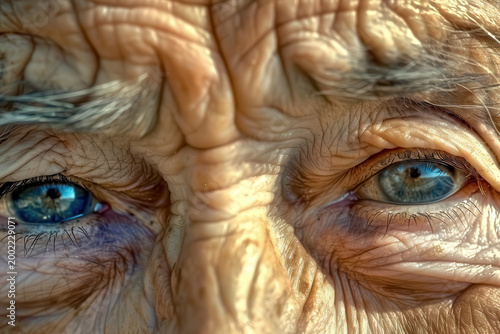 Close-up of an elderly person's eyes showing detailed lines and reflections with a hint of emotion in the gaze during daylight